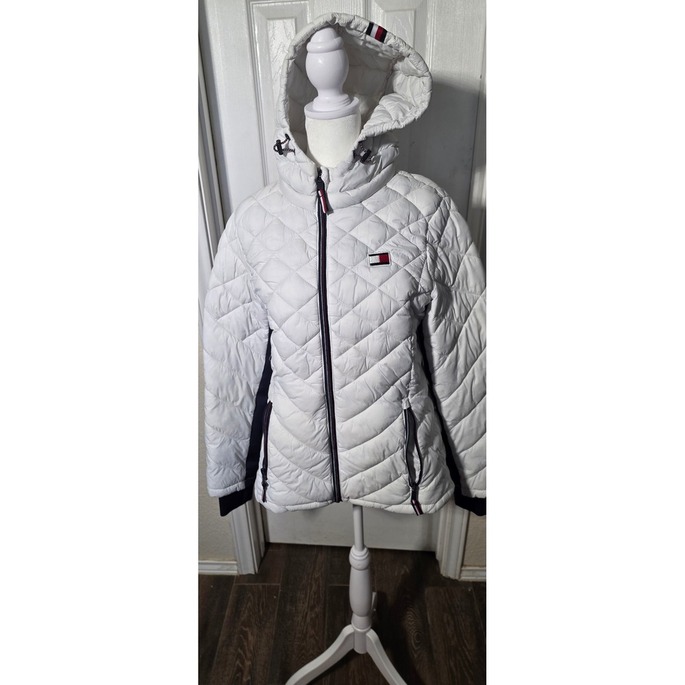 Tommy Hilfiger Womens White Quilted Hooded Puffer Jacket Small Sorona Fill